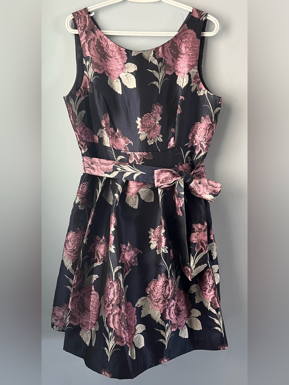Eliza J Navy & Pink Floral Mini Jacquard Dress Waist Tie, Pockets Size 12